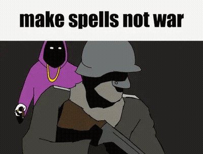Man Holding Gun Saying Make Spells Not War GIF