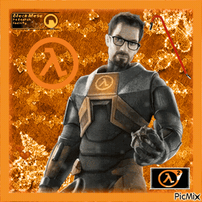 Man Holding Gun With Black Mesa Research Facility Logo GIF