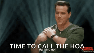 Man Holding Hands On Chest Saying Time To Call The HOA Warming Up GIF