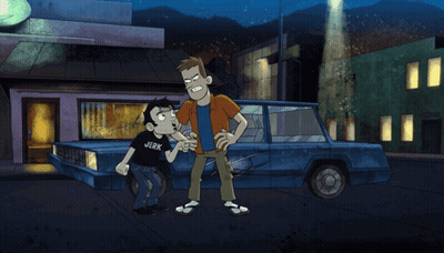 Man Holding Head In Front Of Blue Car GIF