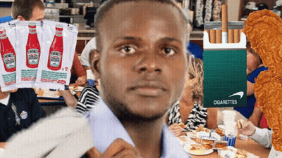 Man Holding Ketchup Bag Next To Cigarettes GIF