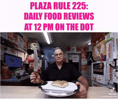Man Holding Knife And Pizza In Front Of Papa John's Sign GIF