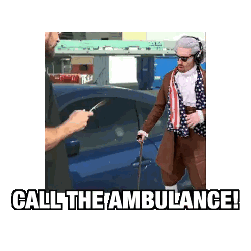 Man Holding Knife Next To Man With Cane Call Ambulance Sticker