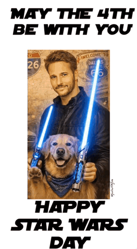 Man Holding Lightsabers With Dog GIF