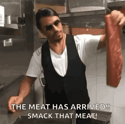Man Holding Meat Saying Meat Has Arrived GIF