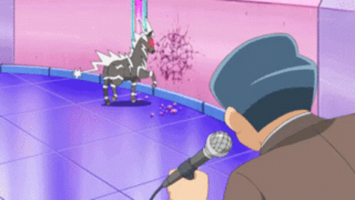 Man Holding Microphone In Front Of Cartoon Horse GIF