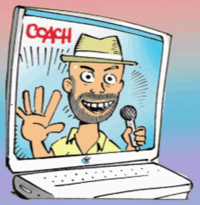 Man Holding Microphone In Front Of Coach Screen GIF