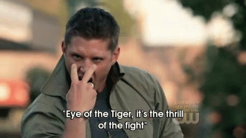 Man Holding Nose Saying Eye of the Tiger It's the Thrill of the Fight