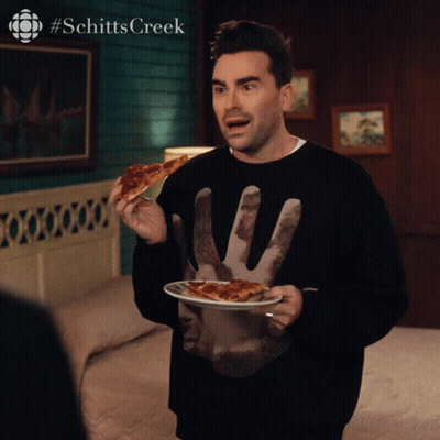 Man Holding Pizza In Schitts Creek Shirt GIF