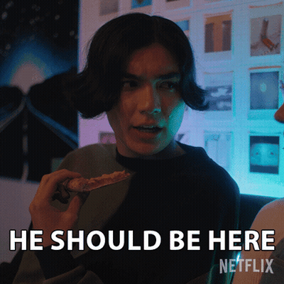 Man Holding Pizza Saying He Should Be Here Netflix GIF