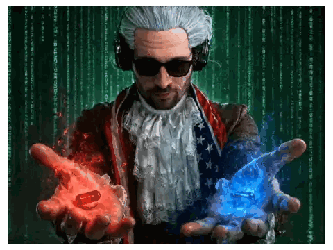 Man Holding Red And Blue Pills Sticker