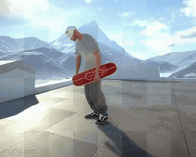 Man Holding Red Skateboard With Letter E GIF