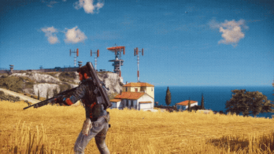 Man Holding Rifle In Field With Building Letter H GIF