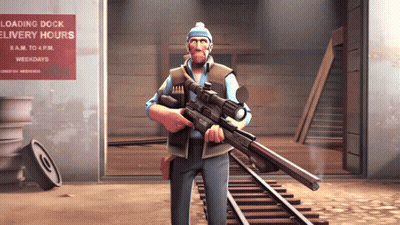 Man Holding Rifle In Front Of Loading Dock Delivery Hours Sign GIF