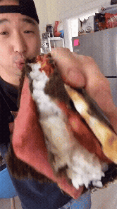 Man Holding Sandwich With Rice And Meat GIF