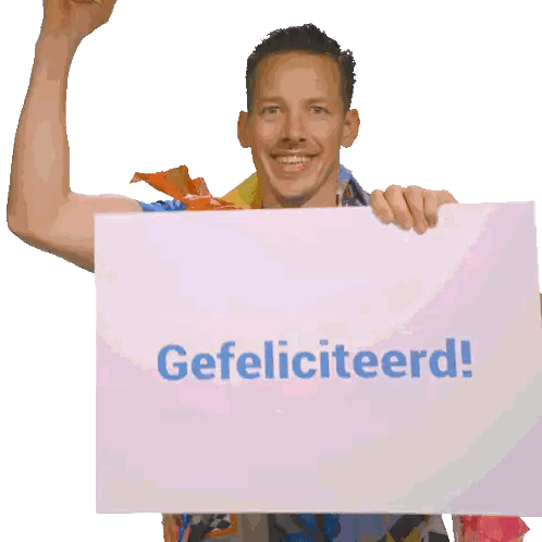 Man Holding Sign Saying Gefeliciteerd Sticker