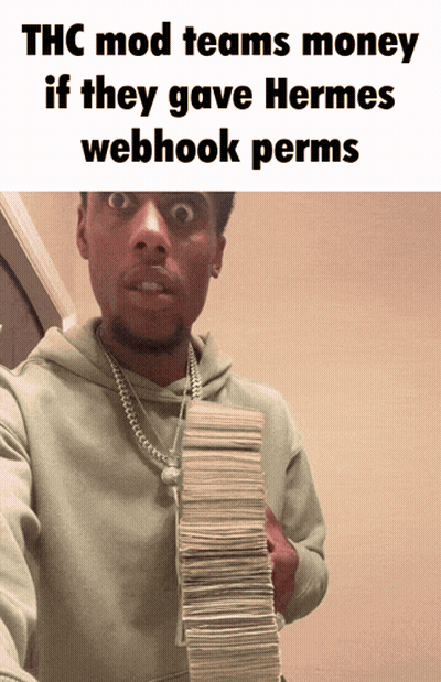 Man Holding Stack Of Money Saying THC Mod Teams Money If They Gave Hermes Webhook Permits GIF