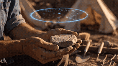 Man Holding Stone With Blue Circle GIF