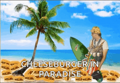 Man Holding Surfboard On Beach Surrounded By Cheeseburgers GIF