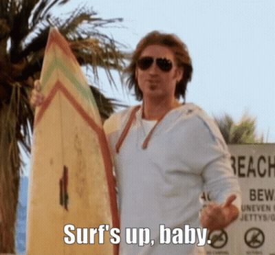 Man Holding Surfboard Surf's Up Baby GIF
