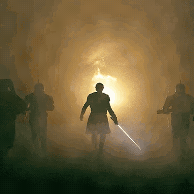 Man Holding Sword in Front of Bright Light