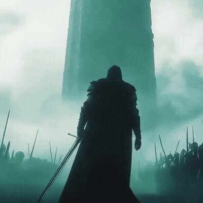 Man Holding Sword In Front Of Tower GIF