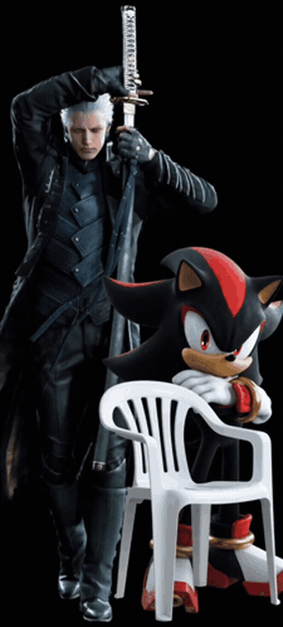 Man Holding Sword Next To Shadow The Hedgehog And White Chair GIF