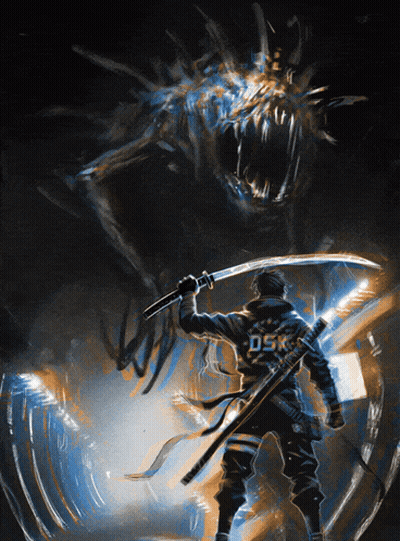 Man Holding Sword With Dsk On Back GIF