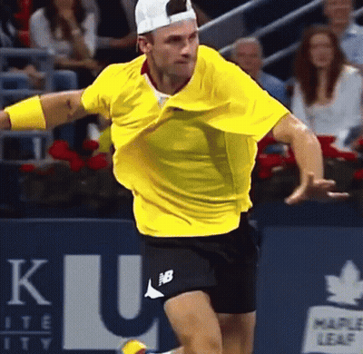 Man Holding Tennis Racquet In Front Of Lake Sign GIF