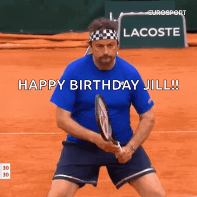 Man Holding Tennis Racquet Says Happy Birthday Jill GIF