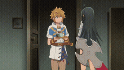 Man Holding Tray With Coffee And Woman Holding Sword GIF
