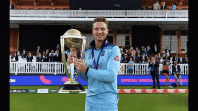 Man Holding Trophy With England On Shirt GIF