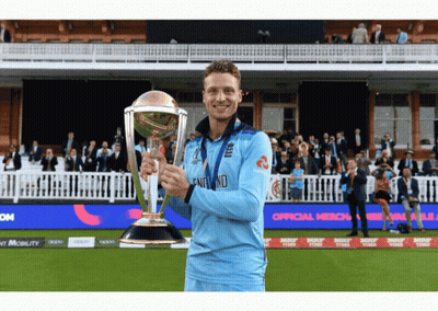 Man Holding Trophy With England On Shirt GIF
