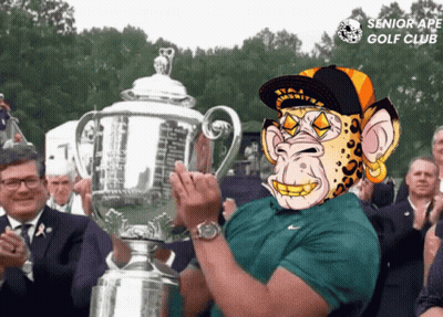 Man Holding Trophy With Senior Ape Golf Club Logo GIF