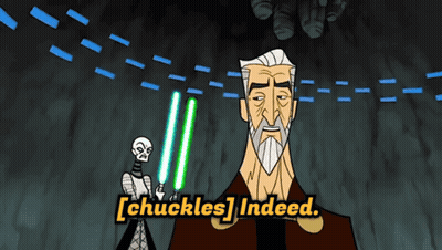 Man Holding Two Lightsabers Chuckles GIF