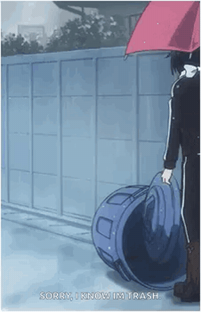 Man Holding Umbrella Over Trash Can Saying Sorry I Know Im Trash GIF