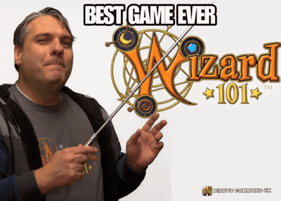 Man Holding Wand In Front Of Wizard 101 Sign GIF