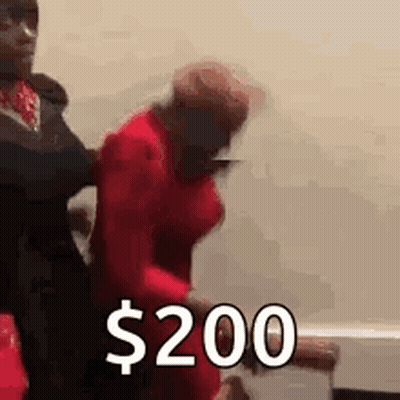 Man Holding Woman In Red Dress Says $200 With Man Behind GIF