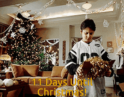 Man Holding Wreath In Front Of Christmas Tree Saying 11 Days Until Christmas GIF