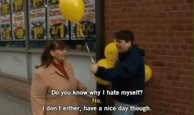 Man Holding Yellow Balloon Next To Woman Saying Do You Know Why I Hate Myself No GIF