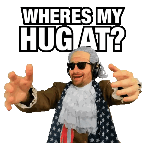 Man In American Flag Costume Saying Where's My Hug Sticker