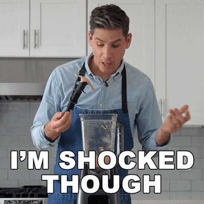 Man In Apron Shocked At Blender GIF