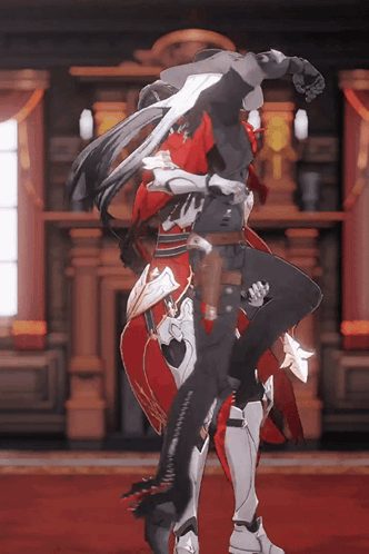 Man In Armor Carrying Woman In Red Coat GIF