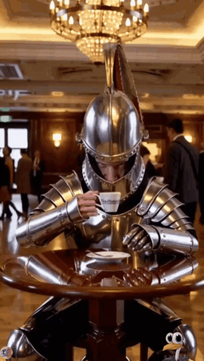 Man In Armor Drinking Tea At Table GIF