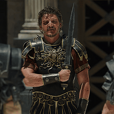 Man In Armor Holding Sword With Greek Key Pattern GIF