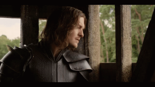 Man In Armor Looks Out Of Window With Trees GIF
