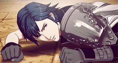 Man In Armor Lying On Ground Head On Fist GIF