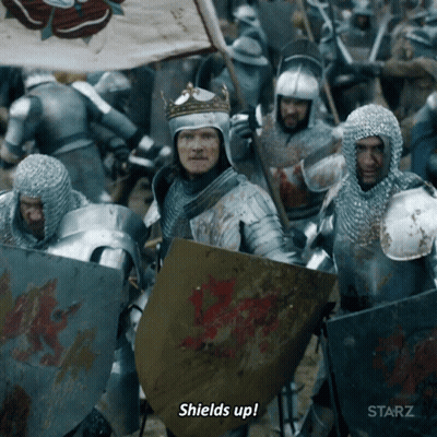 Man In Armor Says Shields Up In Front Of Crowd GIF