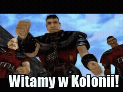 Man In Armor Standing Before Witamy W Kolonii Sign GIF