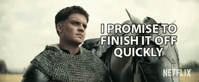 Man In Armor Standing Next To Horse Says I Promise To Finish It Off Quickly GIF